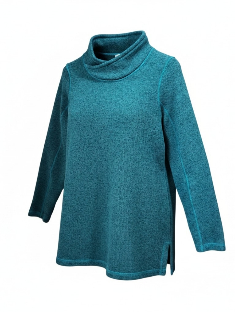 Lands End Fleece Tunic Sweater Sweatshirt Womens M 10-12 Teal Green Mock Neck